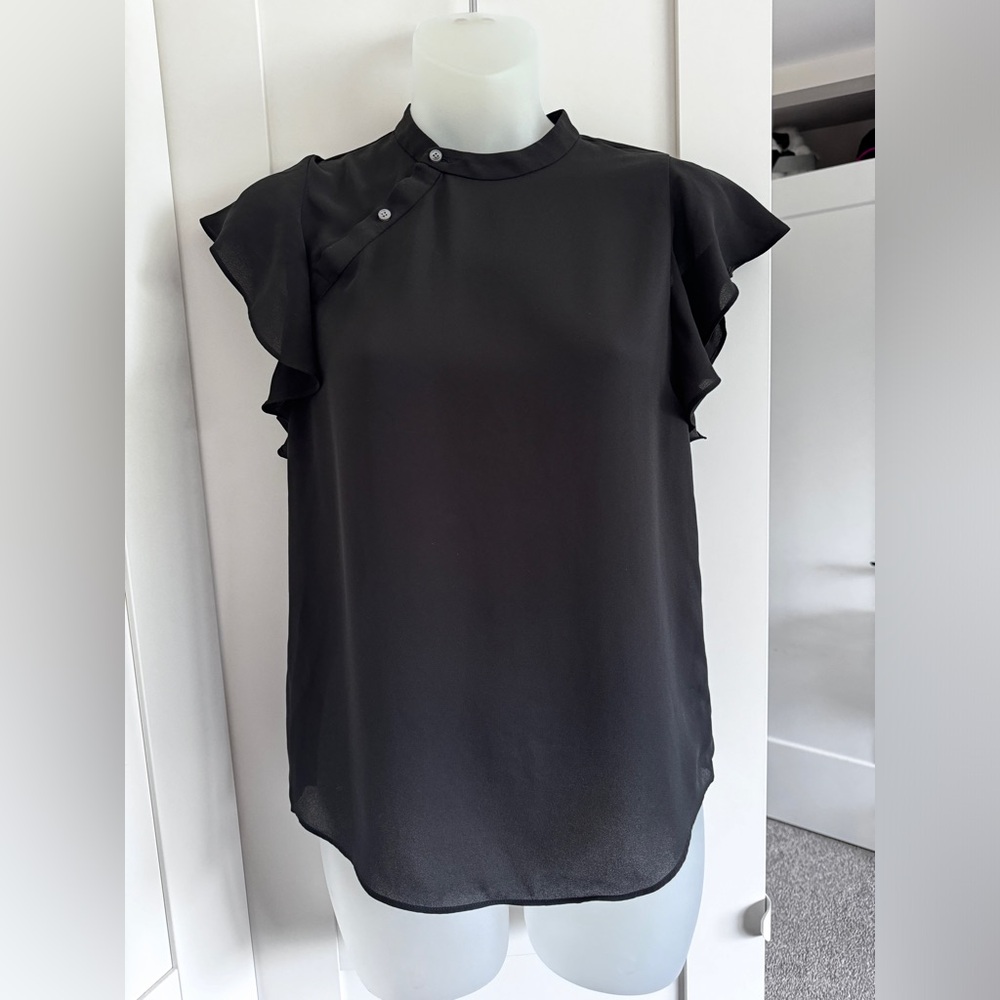 ARITZIA BABATON Cian Blouse Mandarin Collar Flutter Sleeves Black XXS